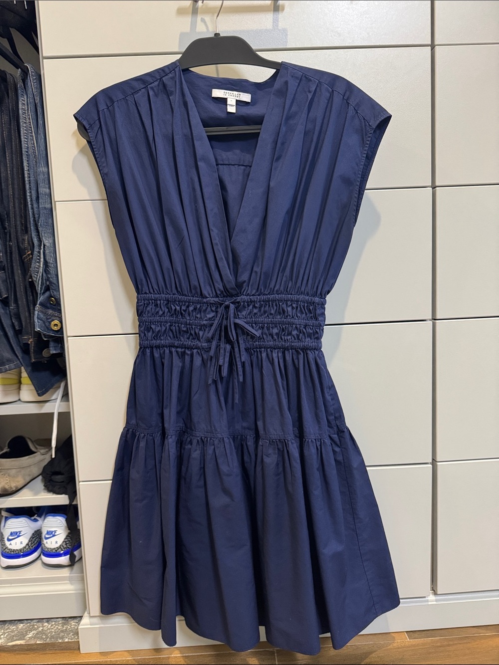 10 Crosby Derek Lam Navy Cap-Sleeve Shirred-Waist Midi Dress